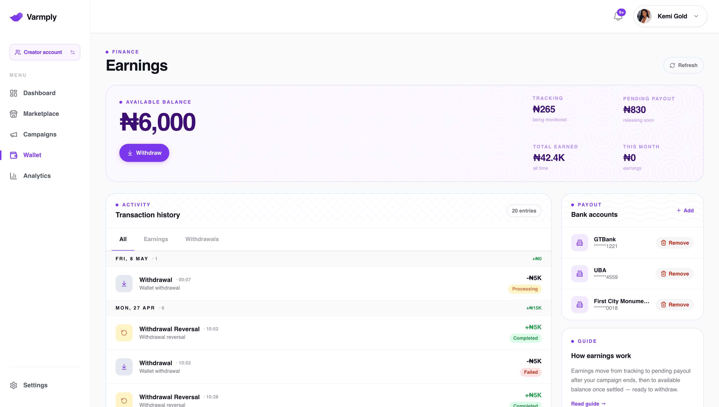 Earnings dashboard